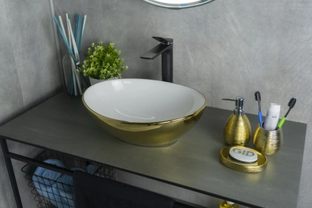 Раковина керамическая Gid Esfera 52229 40х30 накладная цвет белый/золото без отверстий под смеситель