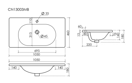 Раковина из сантехнического фарфора Ceramica Nova SABO CN13003MB 100х46 накладная цвет черный матовый 1 отверстие под смеситель