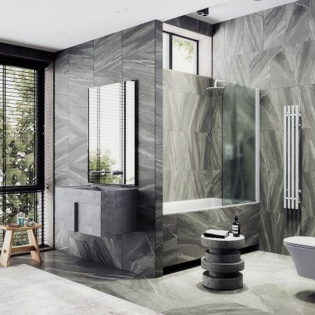 Душевая шторка на ванну Maybah Glass MGV-610-1 50х140 стекло тонированное профиль белый ориентация универсальная