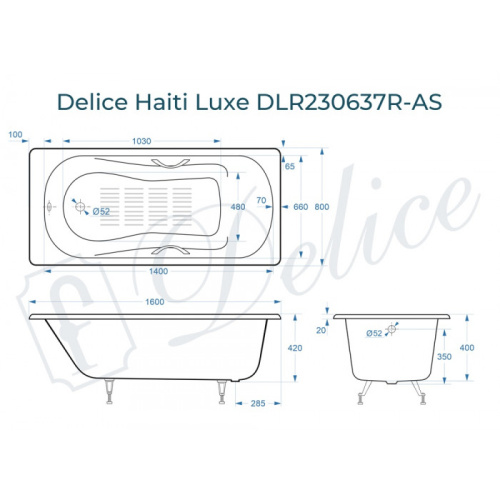 Ванна чугунная Delice Haiti Luxe DLR230637R-AS 160х80 пристенная прямоугольная - фото 2