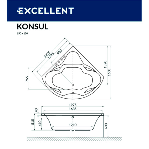 Ванна гидромассажная Excellent KONSUL WAEX.KON15.NANO.GL 150х150  угловая - фото 3