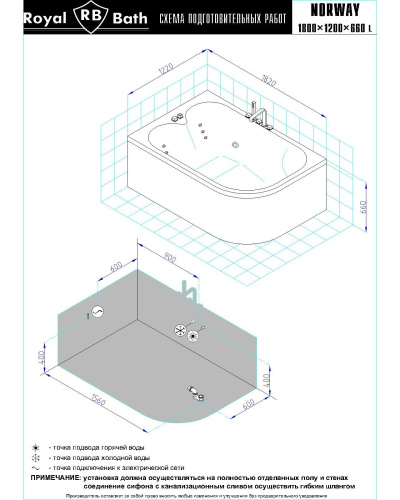 Ванна гидромассажная Royal Bath NORWAY RB331100DL-L 180х120 пристенная угловая асимметричная - фото 3