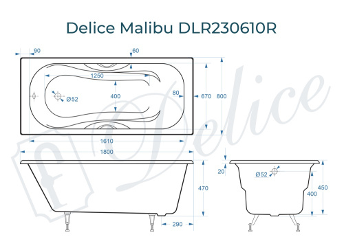 Ванна чугунная Delice Malibu DLR230610R 180х80 пристенная прямоугольная без ножек с отверстиями под ручки - фото 3