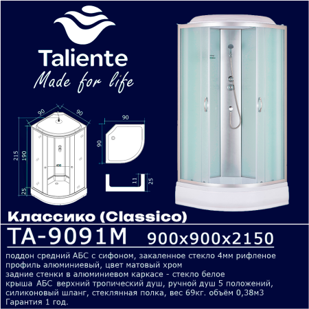 Душевая кабина Taliente TA-9091M 90х90 четверть круга с крышей ориентация универсальная