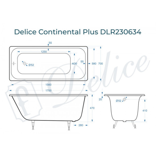 Ванна чугунная Delice Continental PLUS DLR230634 170х70 пристенная прямоугольная - фото 2