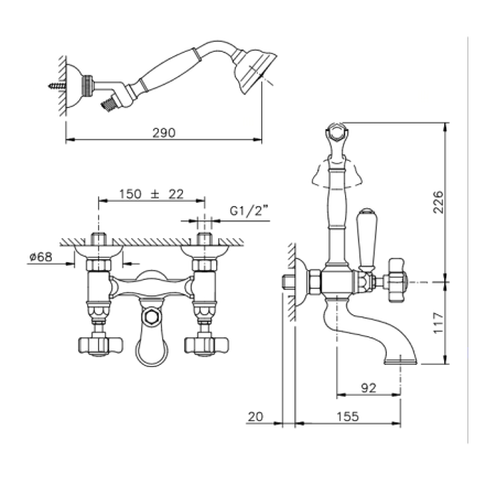 Смеситель для ванны Nicolazzi Dames Anglaises 1402CR18 настенный хром