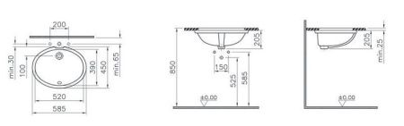 Раковина из сантехнического фарфора Vitra Arkitekt 6069B003-0012 60х50 встраиваемая цвет белый без отверстий под смеситель