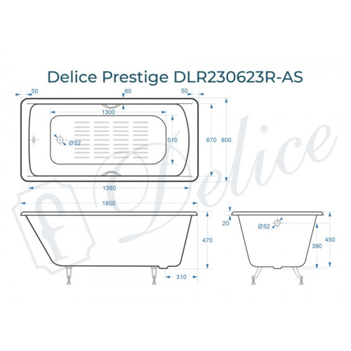 Ванна чугунная Delice Prestige DLR230623R-AS 180х80 пристенная прямоугольная - фото 2