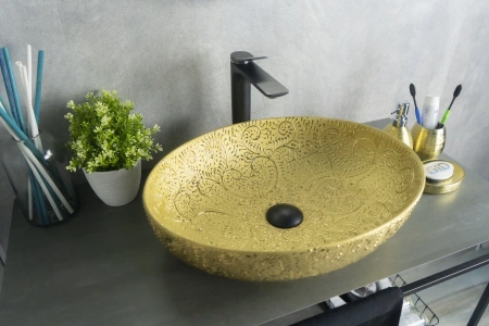 Раковина керамическая Gid Lago 52233 50х40 накладная цвет золото без отверстий под смеситель