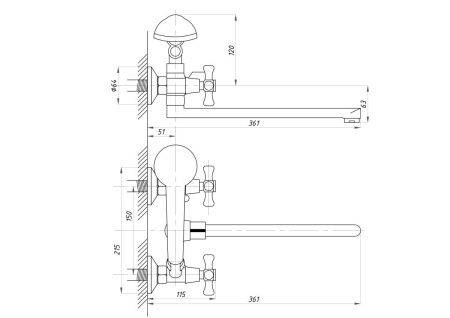 Cмеситель для ванны и душа TSARSBERG TSB-125-07 настенный хром