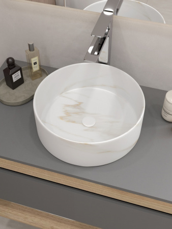 Раковина из сантехнического фарфора Teymi Lina T50182 36х36 накладная цвет белый мрамор без отверстий под смеситель