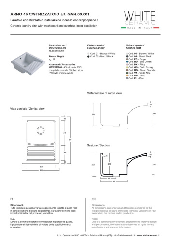 Раковина White Ceramic Постирочные раковины 45 см GAR.00.001 встраиваемая цвет белый глянцевый - фото 2