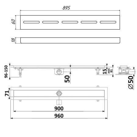 Душевой лоток Timo Standart DP20900-SG20900 95х15 хром