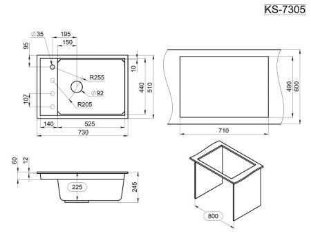 Кухонная мойка Granula Kitchen Space 7305, ШВАРЦ 75х50 цвет черный поверхность матовая