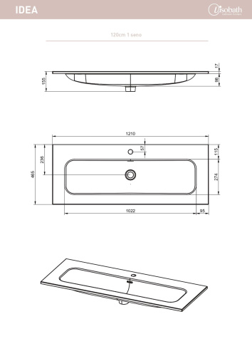 Раковина керамическая Visobath Idea 76700 120х48 встраиваемая цвет белый глянцевый 1 отверстие под смеситель - фото 2