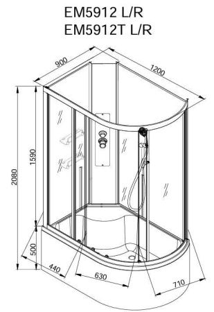 Душевая кабина AvaCan EM EM5912RN 120х90 асимметричная без крыши ориентация правая