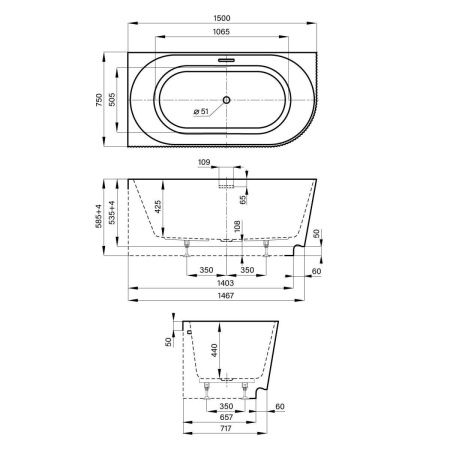 Ванна акриловая Wellsee Festive Fox 287303000 150х75 пристенная асимметричная с ножками