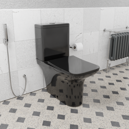 Унитаз напольный с бачком CeramaLux 9125-18 черный глянцевый с сиденьем микролифт безободковый каскадный смыв