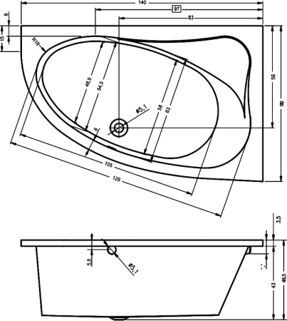 Ванна акриловая Riho LYRA B020001005 140х90 пристенная асимметричная без ножек