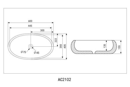 Раковина керамическая Abber BEQUEM AC2102MB 60х40 накладная цвет черный без отверстий под смеситель