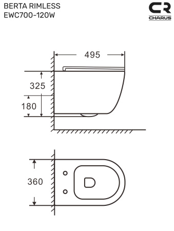 Унитаз подвесной CHARUS EWC700-120W белый с сиденьем микролифт безободковый каскадный смыв