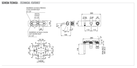 Смеситель для ванны Remer Element ET54D2BO встраиваемый в стену белый