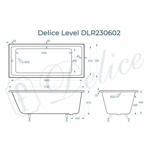 Ванна чугунная Delice Level DLR230602 170х75 пристенная прямоугольная - фото 2