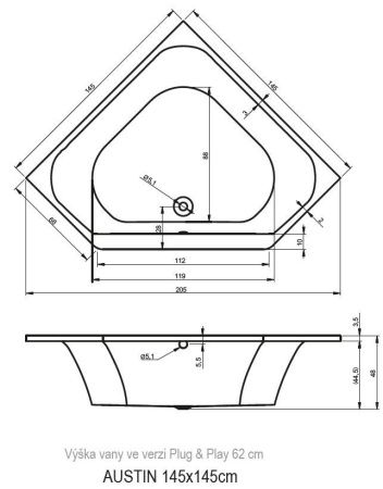Ванна акриловая Riho AUSTIN B005001005 145х145 пристенная асимметричная без ножек