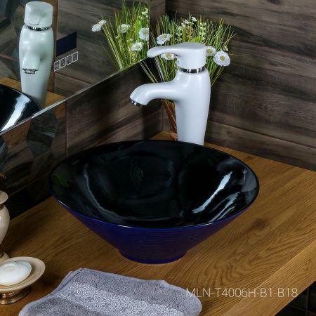 Раковина из сантехнического фарфора Melana 7020-B1+B18-806 40х40 накладная цвет черный/синий без отверстий под смеситель
