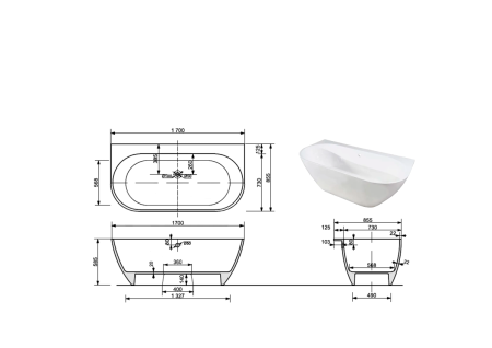 Ванна из литьевго мрамора Taliente Nemi a parete Matt NE17085Matt a parete 170х85 пристенная овальная без ножек и каркаса