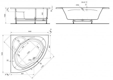 Ванна акриловая Santek Карибы 1WH111982 140х140 угловая четверть круга без каркаса