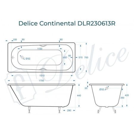 Ванна чугунная Delice Continental DLR230613R 170х70 пристенная прямоугольная без ножек с отверстиями под ручки