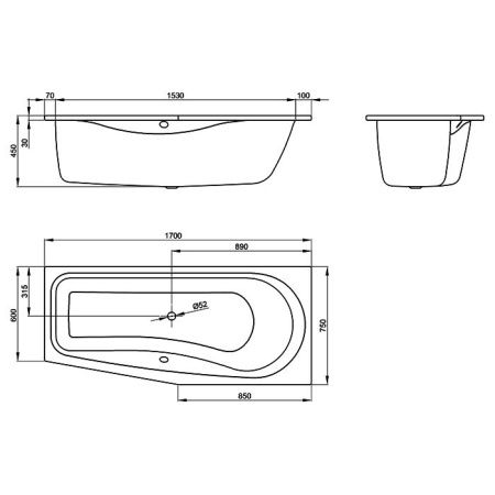 Ванна стальная Bette Luna 2750-000 PLUS 170х75 встраиваемая асимметричная без ножек