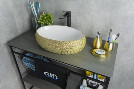 Раковина керамическая Gid Lago 52219 50х30 накладная цвет белый/золото без отверстий под смеситель