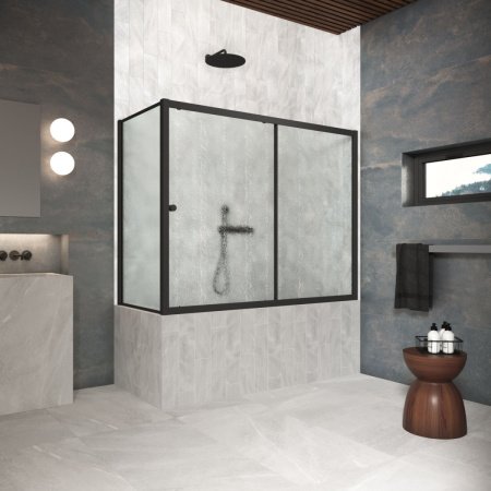 Душевая шторка на ванну Vegas-Glass ZV+ZVF Protec ZV+ZVF Protec 160*85 02М 02 160х140 стекло рифленое профиль черный матовый ориентация универсальная