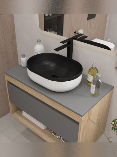 Раковина из сантехнического фарфора Teymi Solli T50388 49х35 накладная цвет черный/белый - фото 4