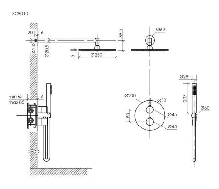 Душевая система Sancos Etna SC9010GG встраиваемая в стену цвет вороненая сталь с термостатом