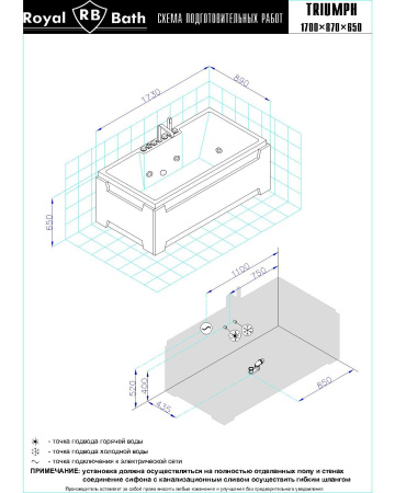 Ванна акриловая гидромассажная Royal Bath TRIUMPH RB665101DL 172х87 пристенная прямоугольная с каркасом