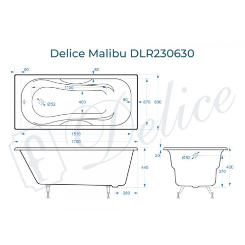 Ванна чугунная Delice Malibu DLR230630 170х80 пристенная прямоугольная - фото 2