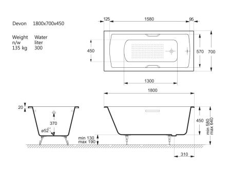 Ванна чугунная Vinsent Veron Devon VDV1807045H/VH0012BR-AS 180х70 пристенная прямоугольная с ножками с ручками
