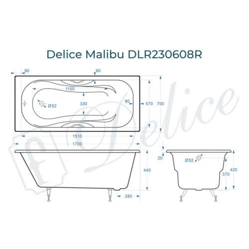 Ванна чугунная Delice Malibu DLR230608R 170х70 пристенная прямоугольная - фото 2