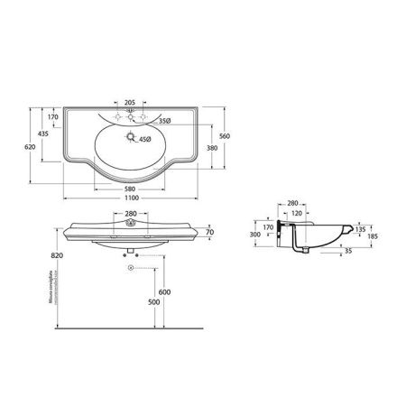 Раковина из сантехнического фаянса Azzurra Jubilaeum JULP1106200MBI (JUB200/110 bi))*1 110х60 подвесная цвет белый 1 отверстие под смеситель