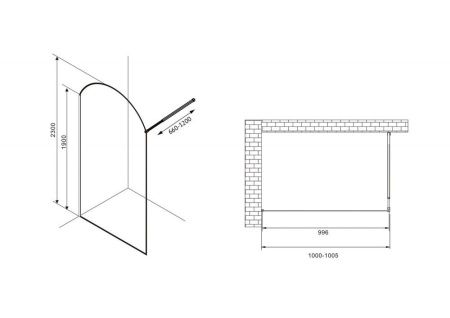 Душевая перегородка Abber Immer Offen AG64100BN 100х230 стекло прозрачное профиль черный