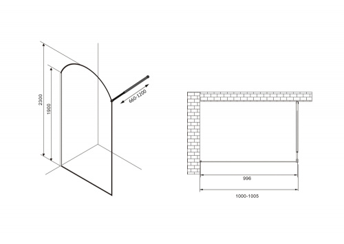 Душевая перегородка Abber Immer Offen AG64100BN8 100х230 стекло прозрачное профиль черный - фото 3