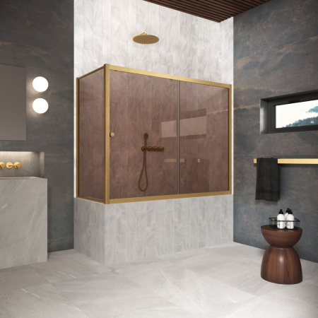 Душевая шторка на ванну Vegas-Glass ZV+ZVF Protec ZV+ZVF Protec 190*90 03 05 190х140 стекло тонированное профиль золото матовое ориентация универсальная