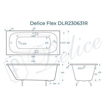 Ванна чугунная Delice Flex DLR230631R 170х80 пристенная прямоугольная без ножек с отверстиями под ручки