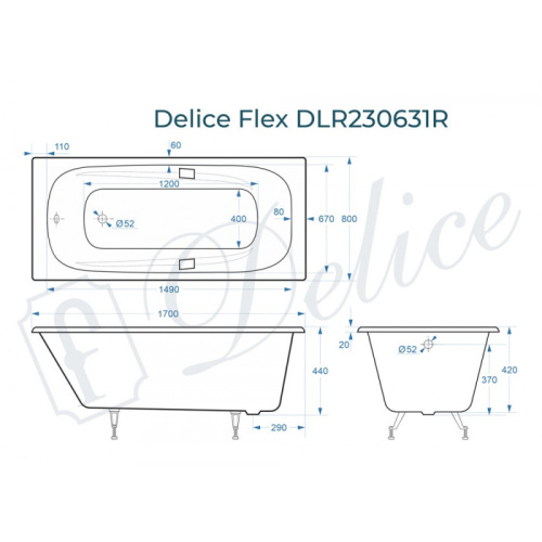 Ванна чугунная Delice Flex DLR230631R 170х80 пристенная прямоугольная - фото 2
