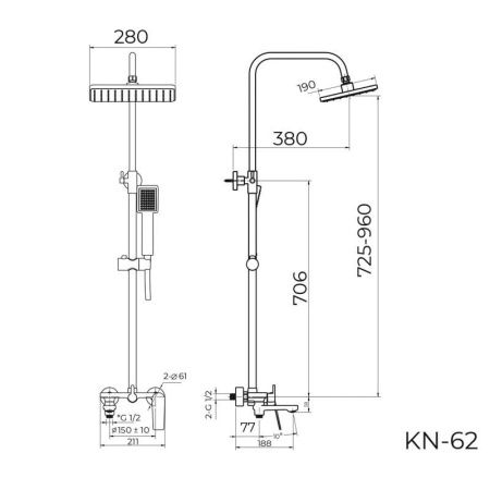 Душевая стойка Knotlor KN-62/GM настенная цвет вороненая сталь