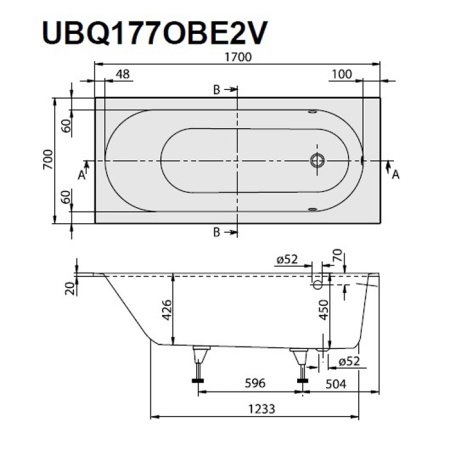 Ванна квариловая Villeroy Boch Oberon UBQ177OBE2V-01 170х70 встраиваемая прямоугольная с ножками