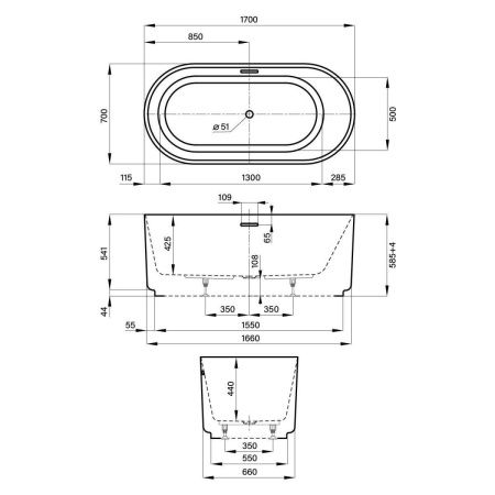 Ванна акриловая Wellsee Saint-Germain 282702000 170х70 отдельностоящая овальная с ножками